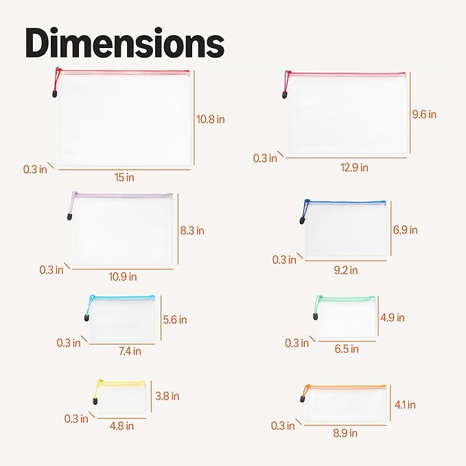 Amazon Basics 30-Pack Mesh Zipper Pouch Bags, 8 Sizes Waterproof Storage Organizers with Zipper, Multipurpose Clear Travel Document Bags for Office Home School Organization (8 Assorted Colors)