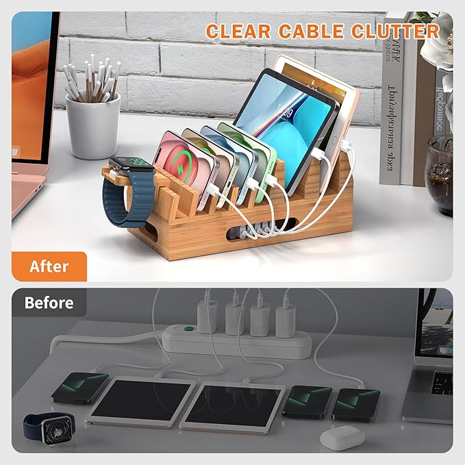 Pezin & Hulin Bamboo Charging Station Holder with 5 Port USB Charger, 5 x Charge Cables, Watch Stand, Wood Docking Stand Electronic Organizer for Multiple Devices, Phones, Tablets and More
