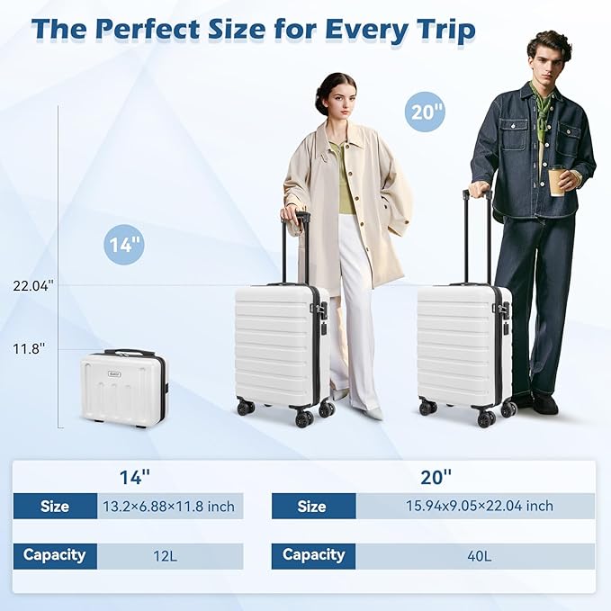 AnyZip Suitcase, 20" Carry On Luggage 14" Mini Cosmetic Cases Luggage Sets Hardside PC ABS Lightweight USB Suitcase with Wheels TSA for kids (2 Piece Set 14/20, White)