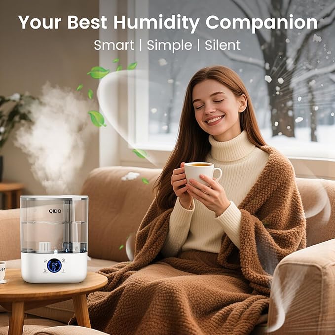 QIDO Top Fill Humidifiers for Bedroom, 5 L Cool Mist 36H Super Long Time, Quiet 28dB Essential Oil Diffuser for Baby & Plants, 3 adjustable Mist with Touch/APP/7-color Nightlight, Auto Shut-off, White