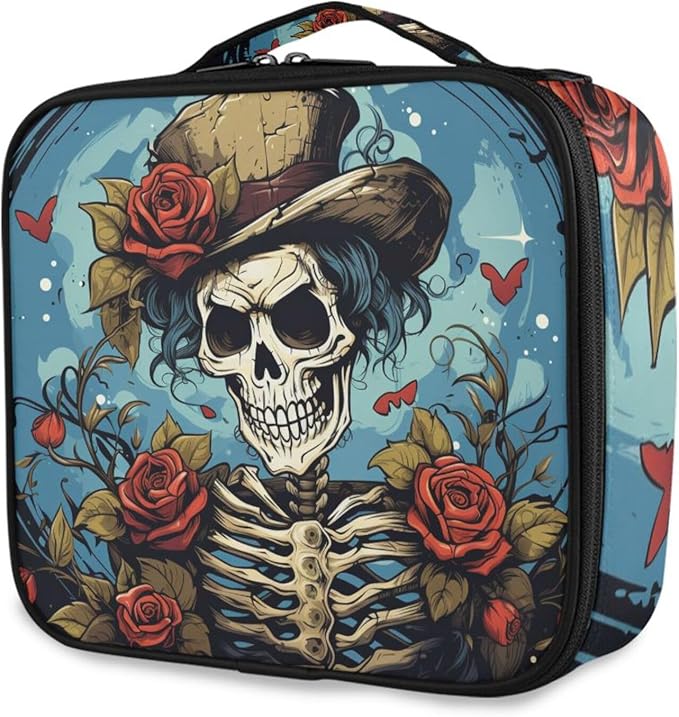 MNSRUU Travel Makeup Bag, Gothic Skull Rose Women Makeup Case Organizer Cosmetic Toiletry Bag for Teenage Girl with Adjustable Dividers