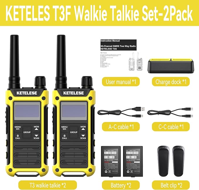 KETELESE T3 FRS IP67 Waterproof Walkie Talkies with USB Mini Charger, 1100mAh Rechargeable Batteries, NOAA Weather Alert, 2 Way Radio for Cruise Ships Surfing, 2pack, Black/Yellow