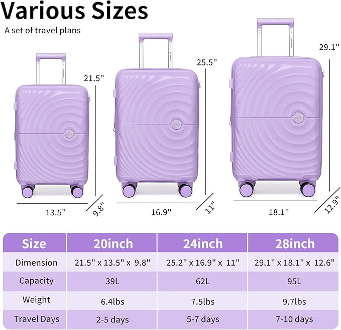 LARVENDER Luggage Sets, Suitcase Set 3 Piece Expandable Luggage PP Lightweight Large Suitcases with Wheels for Women (28/24/20inch,Lavender)