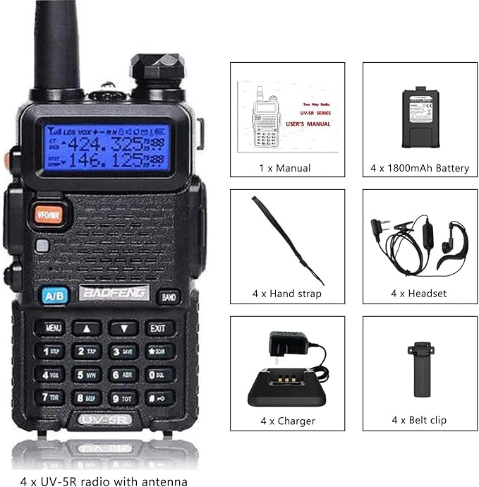 Baofeng UV-5R Dual Band Two Way Radio Handheld Ham Radio Long Range Walkie Talkies Pack of 4 for Hiking Camping Skiing Trip (Black)