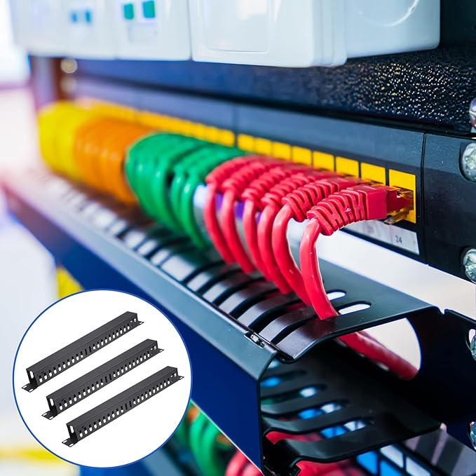 4 Pack 1U 19 Inch Cable Manager 24 Slot Horizontal Rack Mount Wire Management Server Rack Cable Management Metal Finger Duct Wire Organizer with Cover and Mounting Screws for Network Cabinet, Black