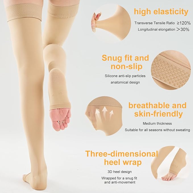 20-30 Compression Socks for Women Men, Thigh High Compression Stockings, Support Hose for Women Compression, Travel Toeless Women's Compression Socks, Light Open Toe Pregnancy Support Socks