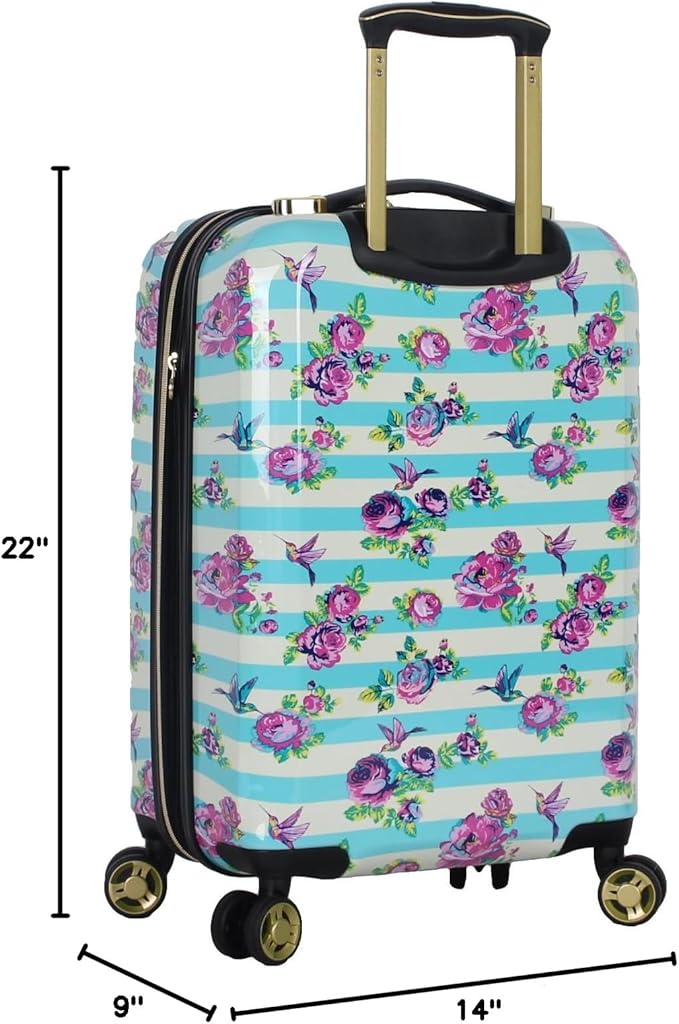 Betsey Johnson Designer 20 Inch Carry On - Expandable (ABS + PC) Hardside Luggage - Lightweight Durable Suitcase With 8-Rolling Spinner Wheels for Women (Stripe Floral Hummingbird)