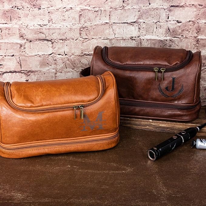 Custom Toiletries Travel Bag Leather Personalized Name Monogram Initial Toiletry Bag For Men Groomsmen Birthday Gifts For Dad Son Boyfriends Husband Size 11.4×4.9×6.5INCH