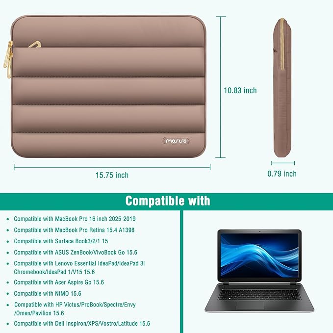 MOSISO 15-15.6 inch Laptop Case, 16 inch Puffy Laptop Sleeve Compatible with MacBook Pro 16, HP Dell ASUS Acer Toshiba Lenovo Notebook Computer, Polyester Horizontal Bag with Small Case, Brown