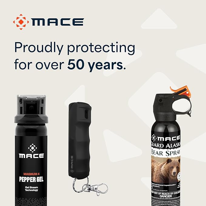 Mace Pepper Spray - Maximum Police Strength OC with UV Dye, Fast Flip Top, Ergonomic Finger Grip, Easy Carry Keychain, 12 Feet Range, 0.42 oz Compact Model, Self Defense Pepper Spray for Women & Men