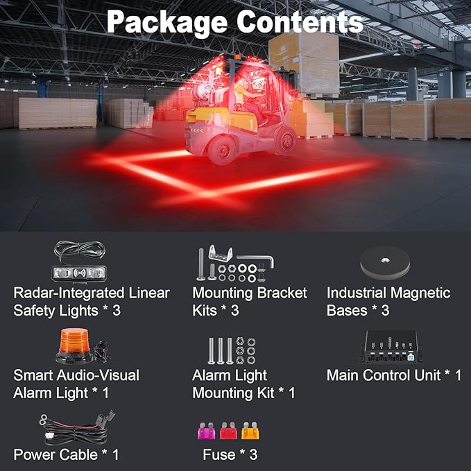 Radar‑Based Safety Warning System, Magnetic Forklift Safety Light 3‑Pack with Radar Sensor, Flashing LED Amber Strobe Light with Voice Alarm for Enhanced Warehouse Safety, DC 12–100V