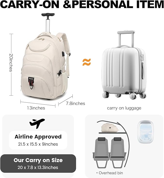 Boavan Rolling Backpack for Women, 17.3 Inch Wheeled Laptop Backpack,Large Travel Carry-On Bag for Teachers College Students, USB Charging Port Waterproof Business for Airplane Overnight Luggage,Beige
