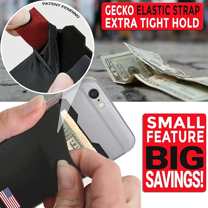 Gecko Travel Tech Double Pocket - Adhesive Card Holder - Cell Phone Pouch - Stick on Spandex Pocket - Carry Credit Cards and Cash (USA FLAG - GRAY)