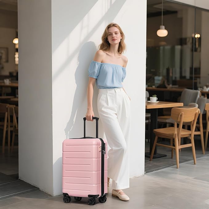 KYME Carry On Luggage 22x14x9 Airline Approved with TSA Lock Hardshell Carry-On Suitcase with Wheels Travel Rolling 22 inch Luggage with Cup Holder for Women Pink