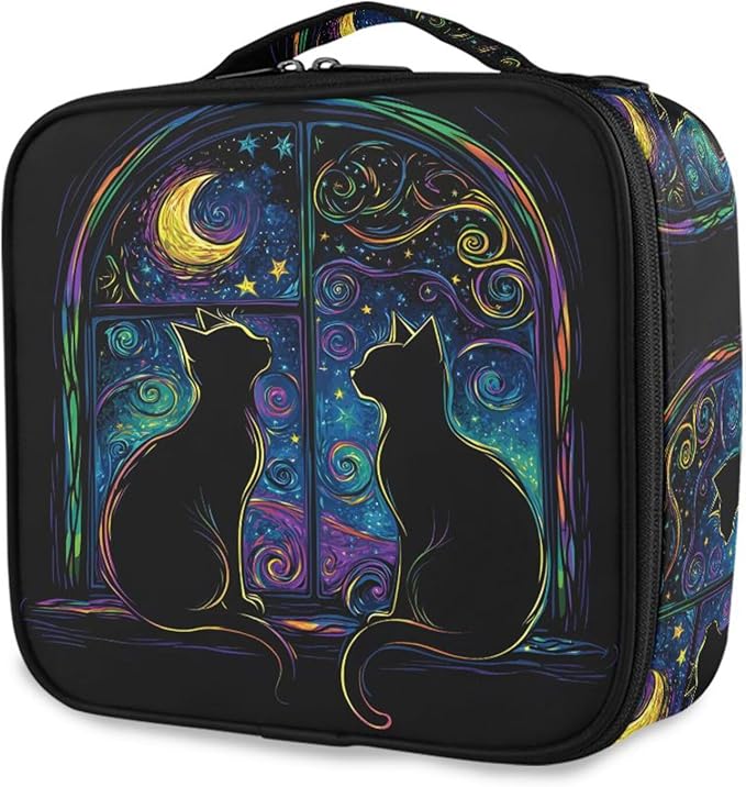 MNSRUU Travel Makeup Bag, Two Black Cats in A Window Women Makeup Case Organizer Cosmetic Toiletry Bag for Teenage Girl with Adjustable Dividers