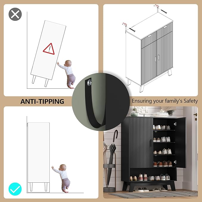 Shoe Cabinet Storage for Entryway with Doors, 5 Tier Fluted Shoe Organizer with Adjustable Shelves, Entryway Shoe Storage with Wooden Legs, Freestanding Hidden Shoe Rack for Front Door Entrance, Black