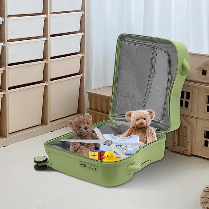 18" Kids Ride-On Suitcase,33.6QT Children's Luggage Case with Password Lock and Silent Universal Wheels (Olive Green)