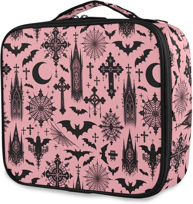 MNSRUU Travel Makeup Bag, Black Gothic Moon Spider Webs and Bats Women Makeup Case Organizer Cosmetic Toiletry Bag for Teenage Girl with Adjustable Dividers