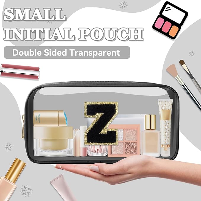 Small Clear Personalized Initial Makeup Bag, Preppy A-Z Chenille Letter Patch Cosmetic Bag, Cute Transparent Nylon Waterproof Zipper Beach Varsity Letter Pouch, Gift for Women Girls(Black-Black Z)