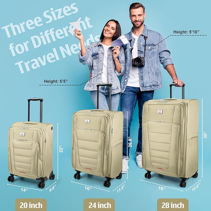 Verdi Softside Expandable Carry-On Luggage with Spinner Wheel USB Port Lightweight (Khaki, 20-Inch Carry-On)