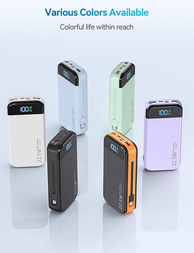 Portable Charger Power Bank 32000mAh with Built in Cables, PD3.0 USB C Fast Phone Charger, 5 Outputs LCD Display Travel Battery Pack Compatible with iPhone, Samsung All Cell Phones (White)