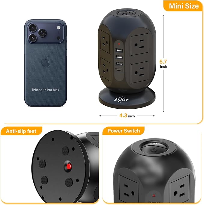 AiJoy Surge Protector Power Strip Tower with 8 Outlets 4 USB Ports(1 USB-C), 10 FT Flat Extension Cord with Multiple Outlets, Charging Tower with Surge Protection for Home Office Dorm Room Essentials