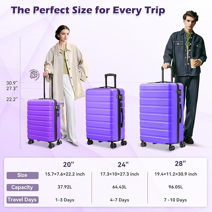 AnyZip Suitcase Hardside PC ABS Lightweight USB Luggage with Wheels TSA Lock Checked-Medium 24 Inch Violet Purple