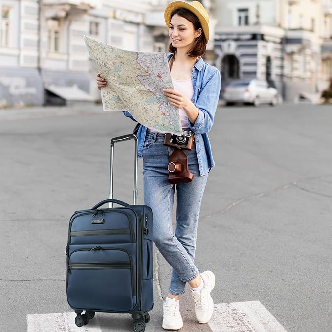 KROSER Softside Expandable Carry On Luggage with Front Business Pockets,20 Inch Suitcases with Spinner Wheels & Built-in TSA Lock, Durable Suitcase Rolling Luggage with USB Port, Haze Blue
