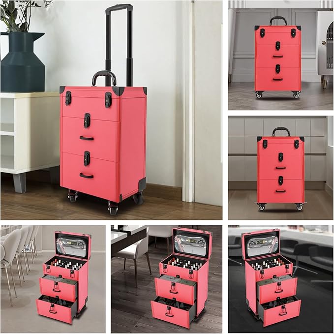 Rolling Makeup Case w/ 2 Keys, 3-tier Lockable Makeup Train Case w/ Drawers, Removable Baffle Nail Polish Organizer, Travel Cosmetic Case w/ 15-34in Telescopic Rod, 14.2*9*39.76in, Black Latch+Rose