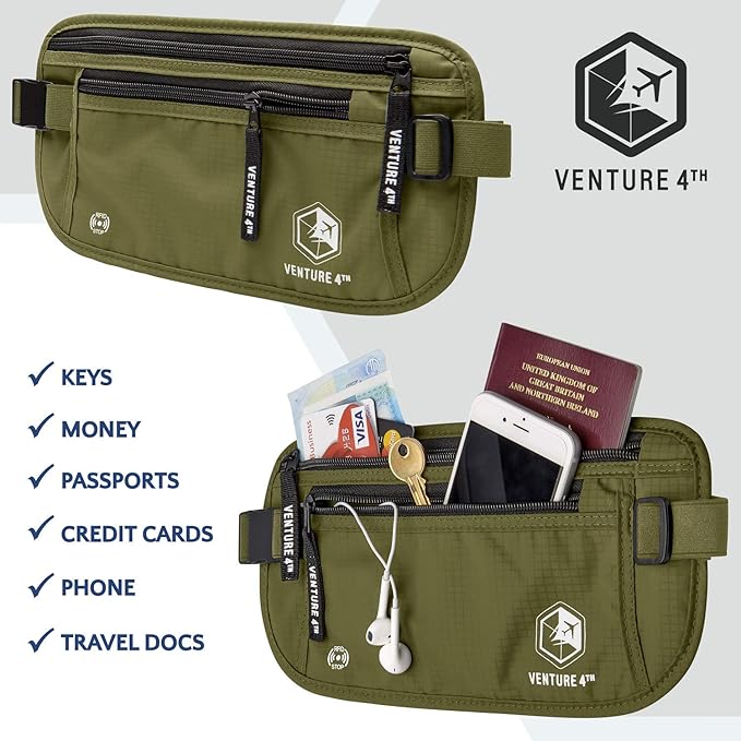 VENTURE 4TH Money Belt for Travel – Hidden Under-Clothes RFID Blocking Passport Holder & Slim Travel Wallet Pouch for Men & Women to Protect Cash, Cards & Documents (Green)