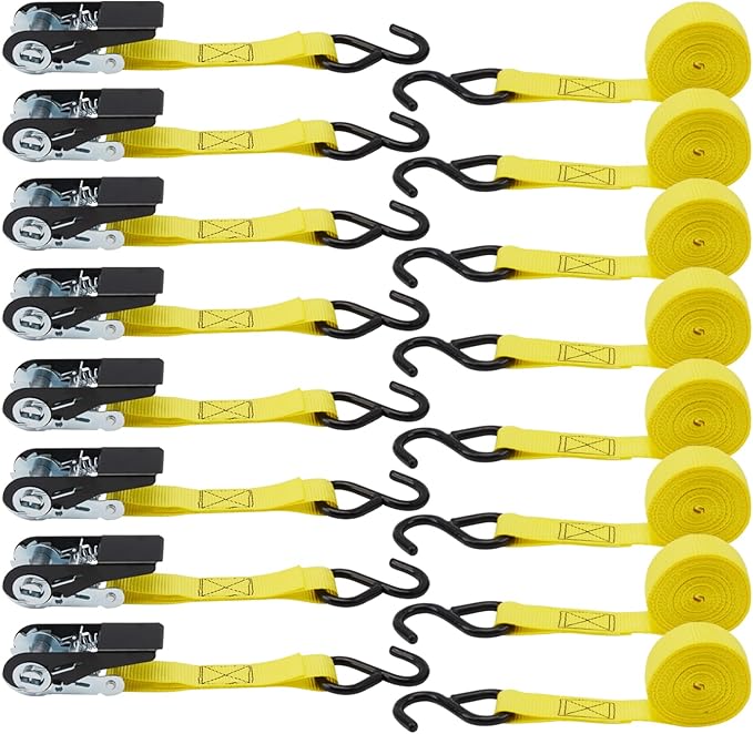 XSTRAP STANDARD Ratchet Straps, 8-Pack 1" x 10FT Ratchet Tie Down Straps Set, 900 LBS Break Strength Logistic Cargo Straps for Motorcycle, Move Appliances, Lawn Equipment, Trucks (Yellow)