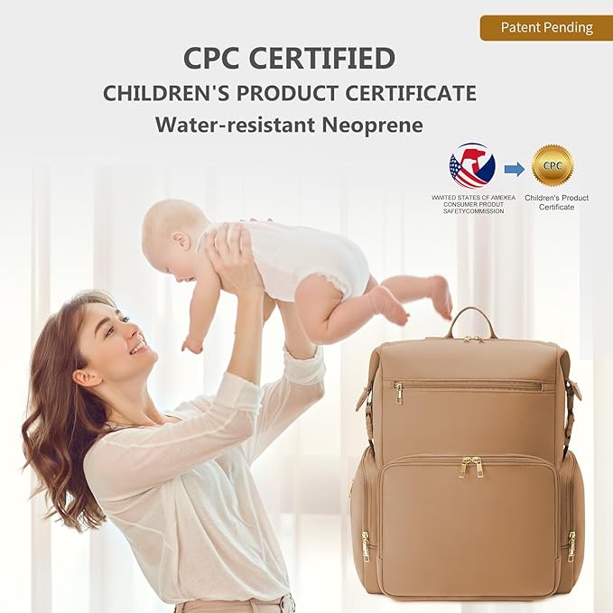CEI-CEI Neoprene Diaper bag Backpack Waterproof Baby Changing Bags for Mom and Dad with Changing Pad Large Travel Maternity Tote with Insulated Pockets and Organised Compartments (Oat)