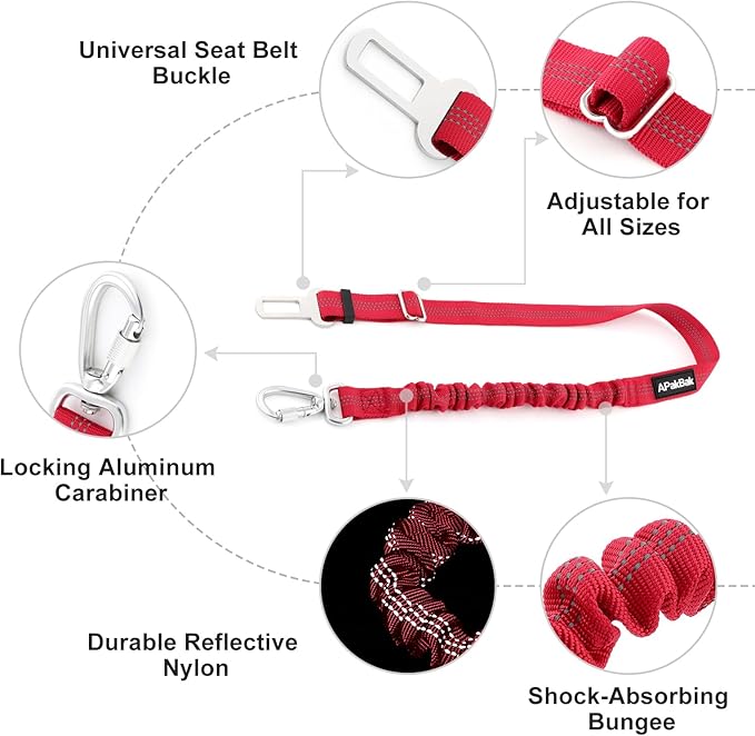 Dog Seat Belt for Car, Adjustable Dog Car Harness Seatbelt for Small Medium Large Dogs, Heavy Duty Travel Safety Restraint with Locking Aluminum Hook & Reflective Nylon Strap, Red