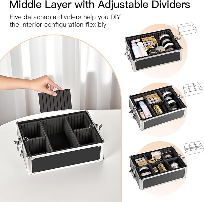 Professional Rolling Makeup Case, Cosmetology Case on Wheels 4 in 1 Large Cosmetic Train Case, Ideal Gift for Hairstylist, Nail Techs, Portable Beauty Organizer for Travel or Salon Use,Black Silver