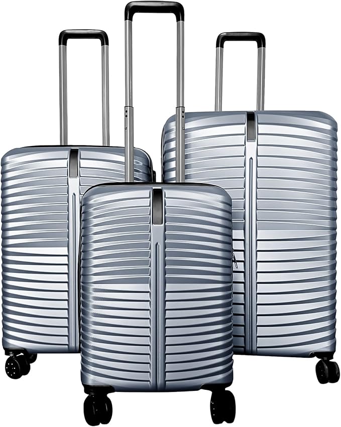 GYMAX Luggage Sets 3 Pieces Hardside Suitcase with Spinner Wheels & Lock, 20” Carry On, 24” & 28” Checked Luggage Set, Lightweight Portable for Travel, Business (Grey,Pin Stripe)