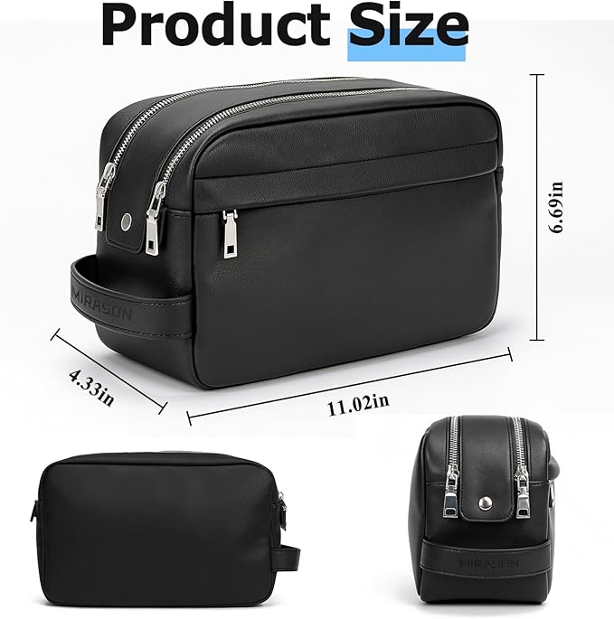MIRASON Travel Toiletry Bag for Men Leather Travel Bag for Toiletries, Dopp Kit Water-resistant Shower Bag for Shaving Bathroom Organizer Gifts for Men, Black