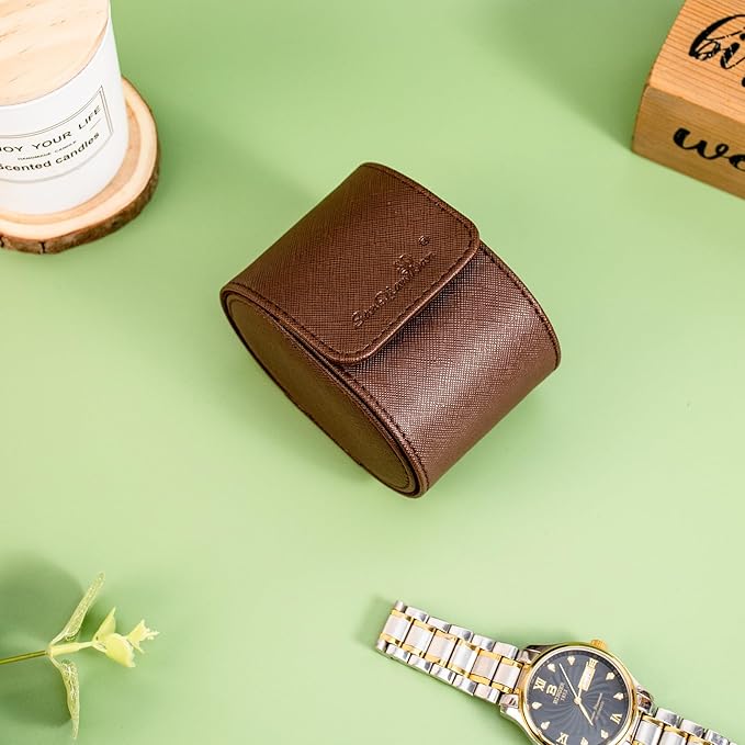 SANQIANWAN Single Travel Storage Watch Roll Portable PU Leather Watch Case Box for Men with Button Style Removable Watch Pillow Watch Display Roll (Brown)