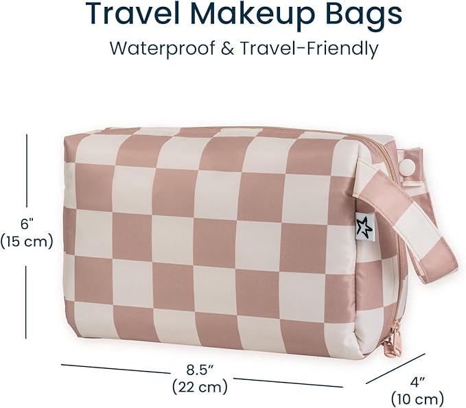 Tiny Twinkle Waterproof Travel Toiletry & Makeup Bag Organizer | Makeup Pouch with Multiple Compartments & Snap Handle for Travel | Gift for Teen Girls and Women(Beige Checkers