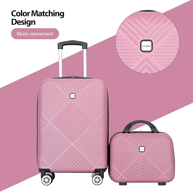2 Piece Carry on Luggage Set, Airline Approved 20 Inch Luggage with Cosmetic Case Hard Shell Suitcase with Spinner Wheels, Rose Pink