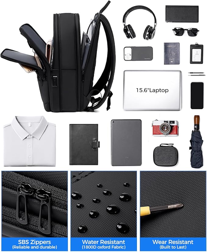 Work Backpack for Men, Expandable Backpack with USB C Charging Port, Water Resistant 15.6 Inch Laptop Backpack, Black