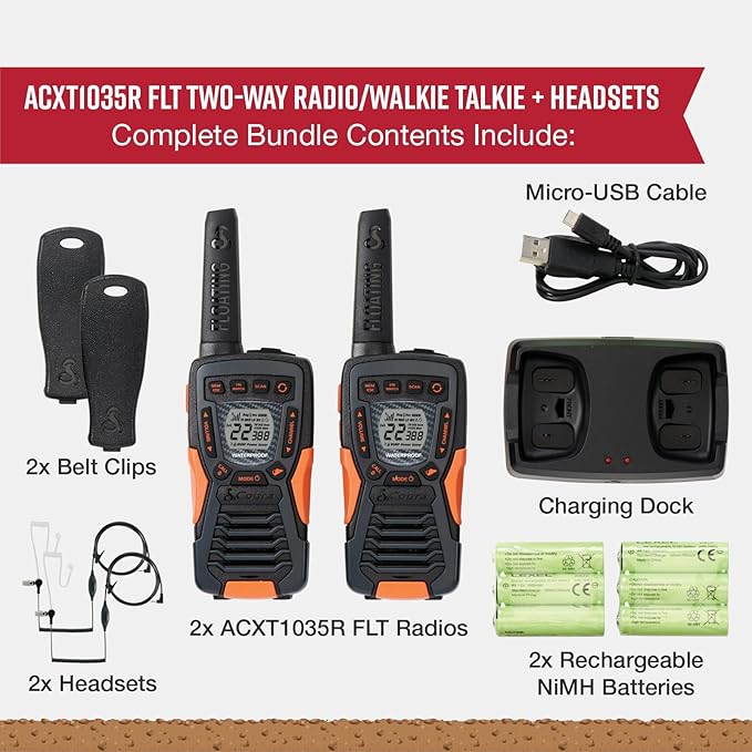 Cobra ACXT1035R FLT Floating and Waterproof Walkie Talkies for Adults & Compatible Cobra Surveillance Headset: Rechargeable, 22 Channels, Long-Range, 2 Two-Way Radios, 2 Headsets, Black/Orange