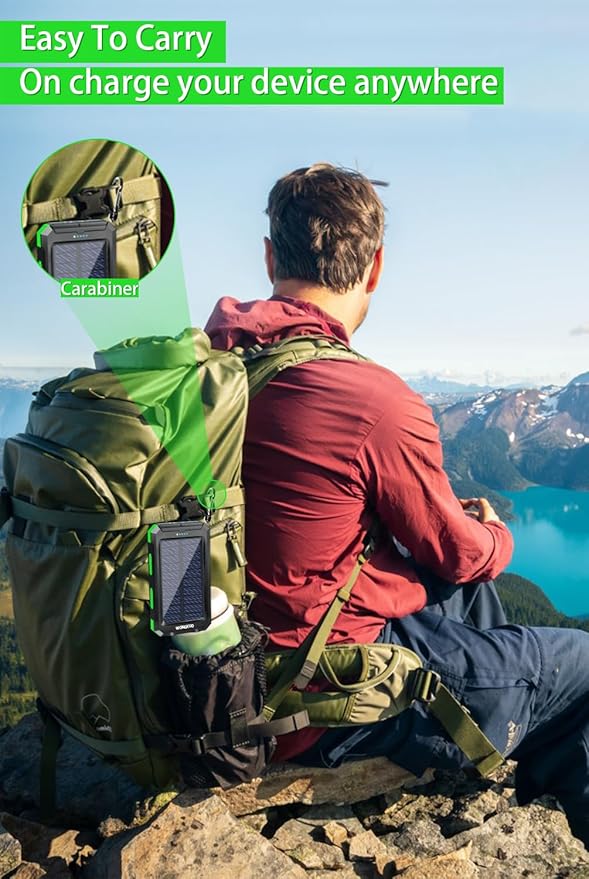 WONGKUO Solar Charger Power Bank - 36800mAh Solar Phone Charger, QC3.0 Fast Charger with LED Flashlight, IP65 Waterproof Portable Power Bank for Outdoor Activities (Matte Green)