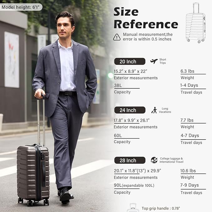 Coolife Carry On Luggage Airline Approved with Wheels Hard Shell Suitcase Spinner TSA Lock Telescopic Handle 20-inch,Gray