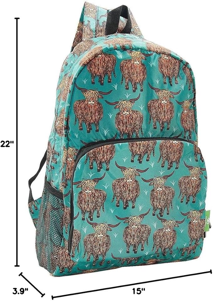 ECO CHIC Hiking Lightweight Packable Backpack - Foldable Daypack for Travel & Hiking & Outdoor Adventures - Waterproof Backpack from Recycled Materials (Highland Cow Teal)