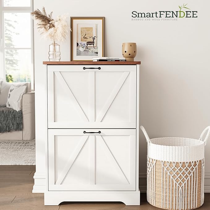 Shoe Cabinet, Shoe Storage Cabinet for Entryway with 2 Flip Drawers, Narrow Farmhouse Shoe Organizer Cabinet, Slim Shoe Rack Cabinet, White