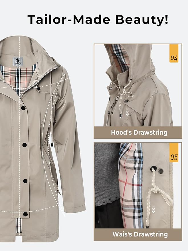 SaphiRose Women's Long Hooded Rain Jacket Outdoor Raincoat Windbreaker