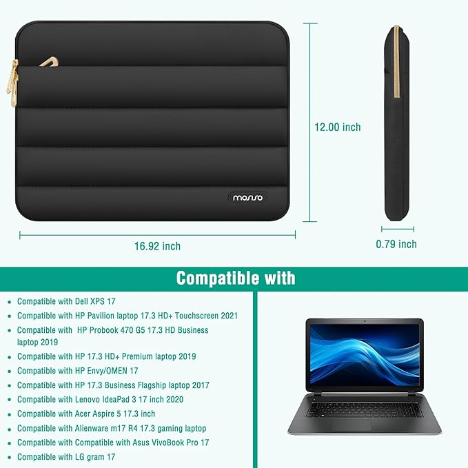 MOSISO 17-17.3 inch Laptop Case, 17.3 inch Puffy Laptop Sleeve Compatible with Dell XPS/HP Pavilion/Ideapad/Acer/Alienware/HP Omen Notebook Computer, Polyester Horizontal Bag with Small Case, Black