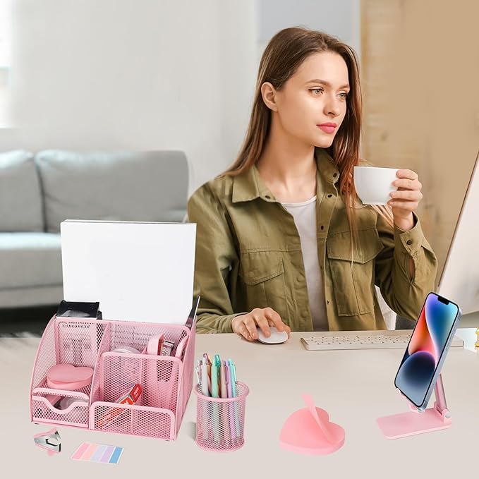 Desk Organizers and Accessories, Office Supplies 15PS Set with Stapler, Staple Remover, Pen Holder, Clips Set, Tape Dispenser, Tape, Phone Holder, 1000 Staples, Ruler, Scissors (Pink)