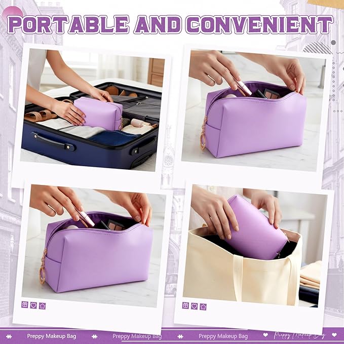 Chunful 24 Pcs Preppy Makeup Bag PU Leather Cosmetic Bag Bulk Makeup Plain Pouch Waterproof Toiletry Purse for Women Traveling Preppy Pencil Case Travel Purse Cosmetic (Light Purple)