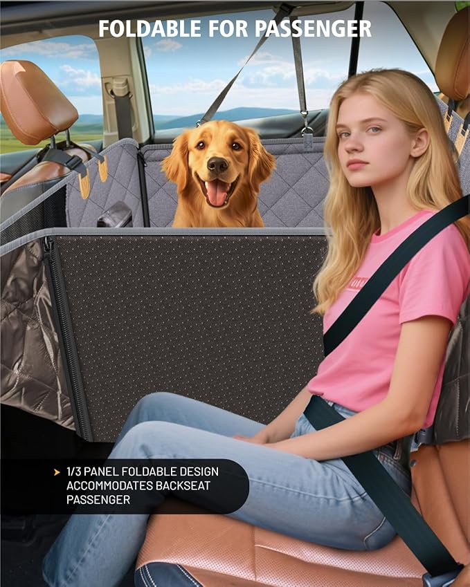 Dog Car Seat Cover for Back Seat, Waterproof Dog Seat Cover for Back Seat, Hard Bottom Back Seat Pet Cover for Dogs, Large-Space Hammock for Car Truck SUV, Pet Seat Cover Holds 450lbs(Grey)